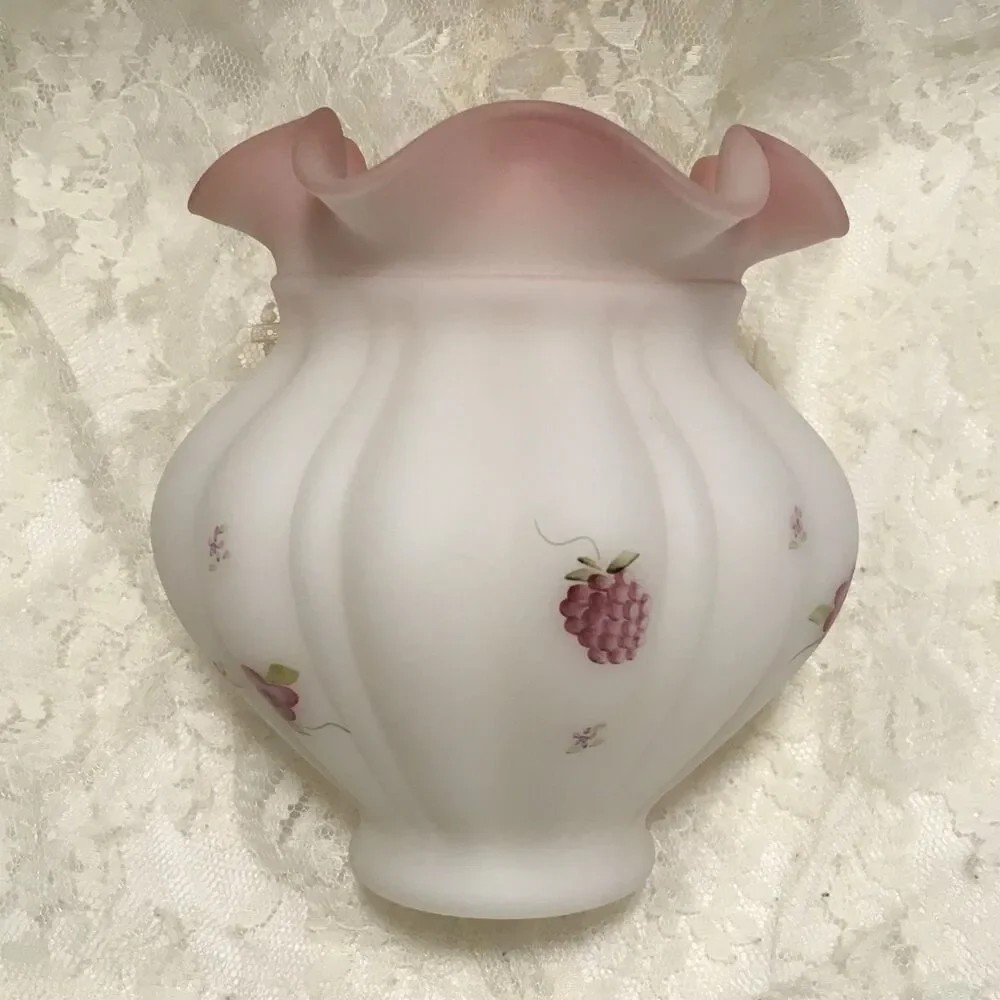 Vintage Fenton White Satin Ruffle Rim Vase Romantic Country Berries and Blossoms